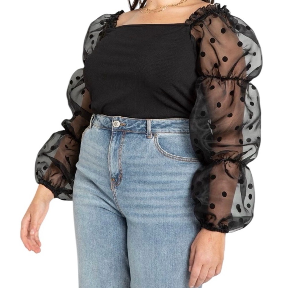 Eloquii Black Sheer Polka Dot Blouse
